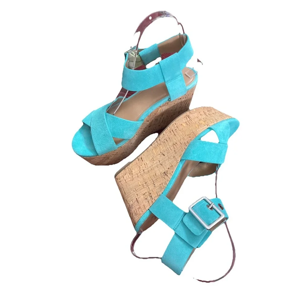 Marc Fisher LTD Cacie‎ Turquoise Suede Platform Sandal Buckle Women Sz 6.5 M Fun